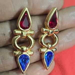 Swarovski  Gold Earrings with Red and Blue Accents